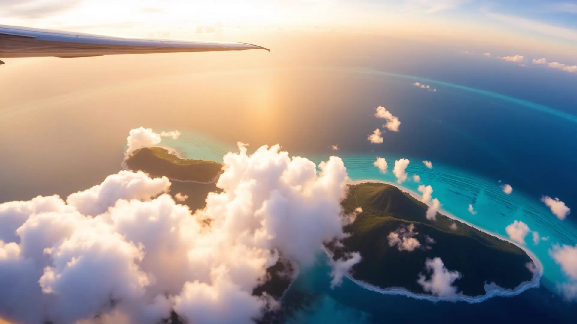 Aerial view of tropical islands from an airplane window at sunset