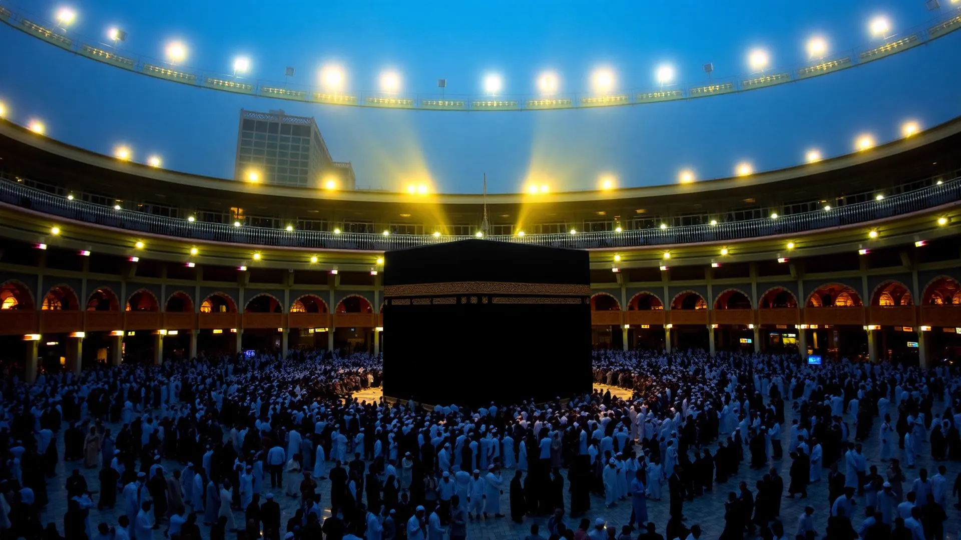 Pilgrims performing tawaf around the Kaaba at blue hour