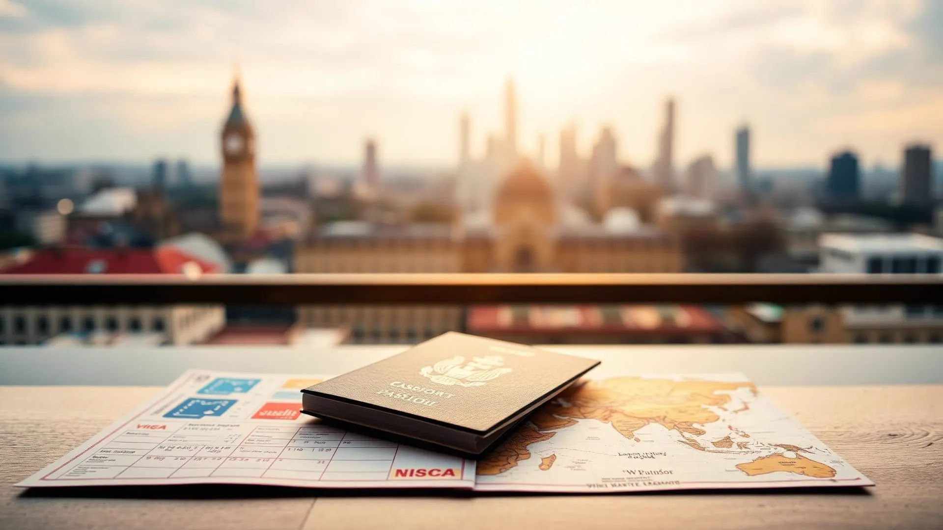 Passport, visa application form and world map on a desk